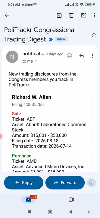 track stock trades by politicians with email notifications
